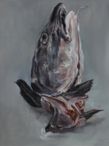 Schilderij, stilleven van losse vissenkop , kabeljauw, painting art stillife codfish