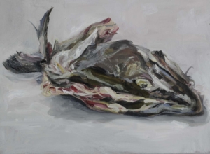 Schilderij stilleven met vissenkop liggend, stillif with codfish horizontal