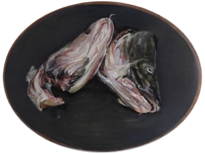 Stilleven twee kabeljauwkoppen, olieverf op ovaal tafelblad 90 x 120 cm, Stillife two heads of codfish