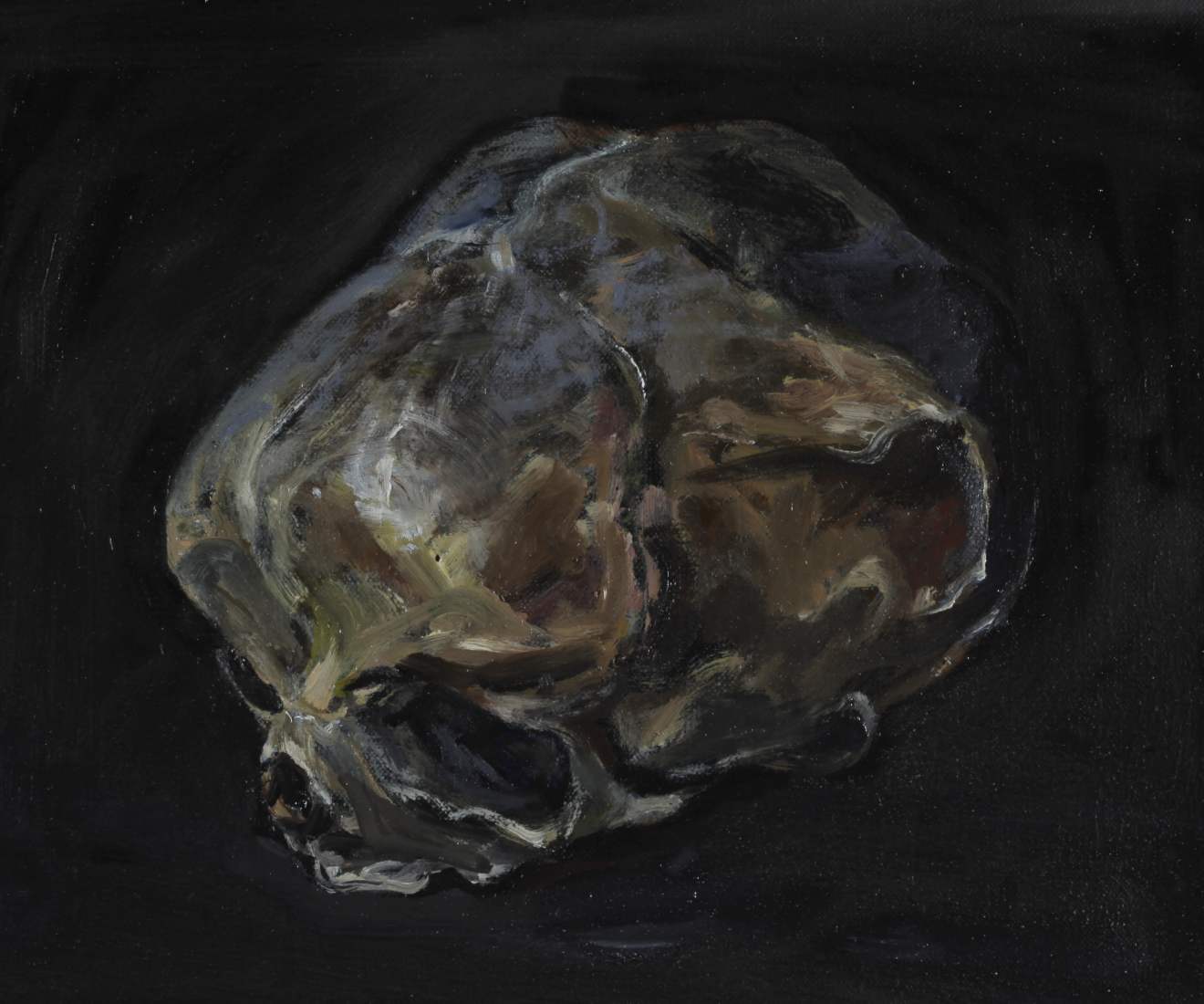 Schilderij van de schedel van een kind clair obscur klein olieverf op linnen Paul Legeland