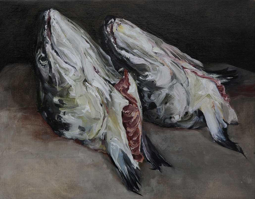 Stilleven met twee zalmkoppen, olieverf op linnen 40 x 50 cm, Stillife with two salmonheads