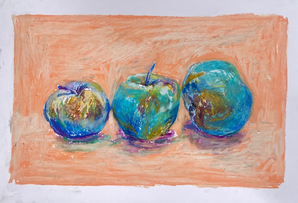 2025-Drie Blauwe Appels op Roze achtergrond-vetkrijt op ivoorkarton-1