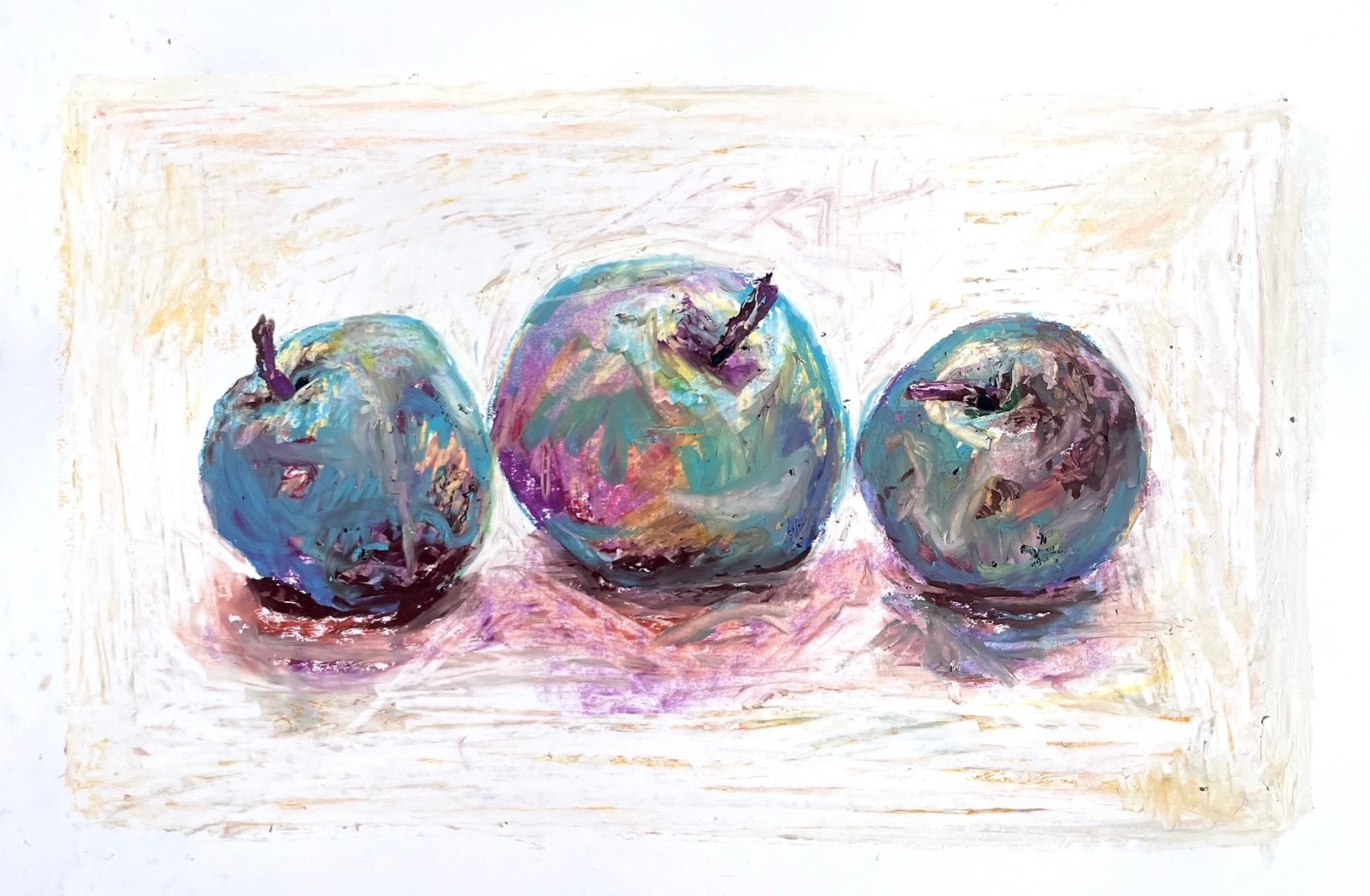2025-Drie Blauwe Appels-vetkrijt op ivoorkarton-1